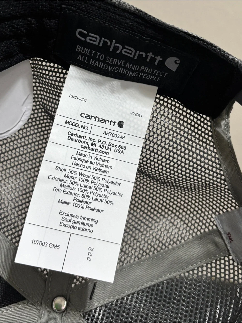 Carhartt Wool Mesh Back Camo Patch Cap One Size Gray Trucker Hat NWT